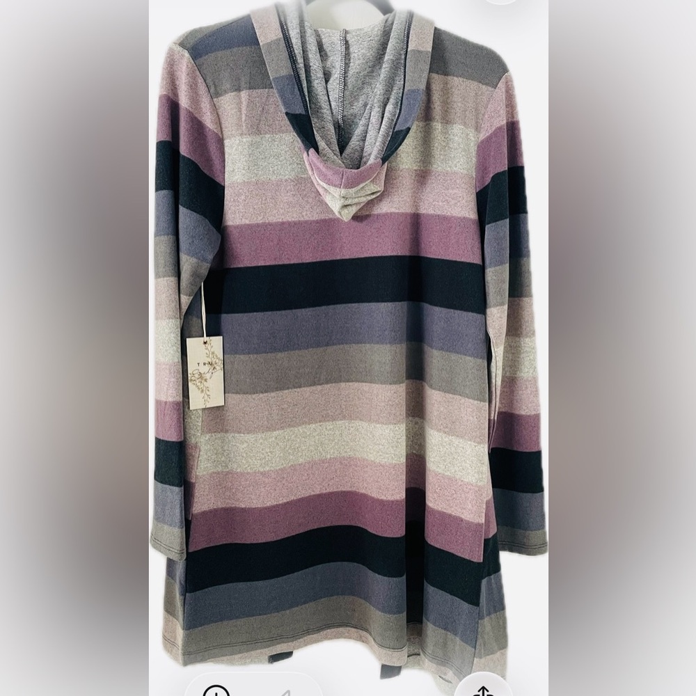 Cozy Striped Hooded Cardigan - Purple, Blue, Gray - Picture 3 of 7